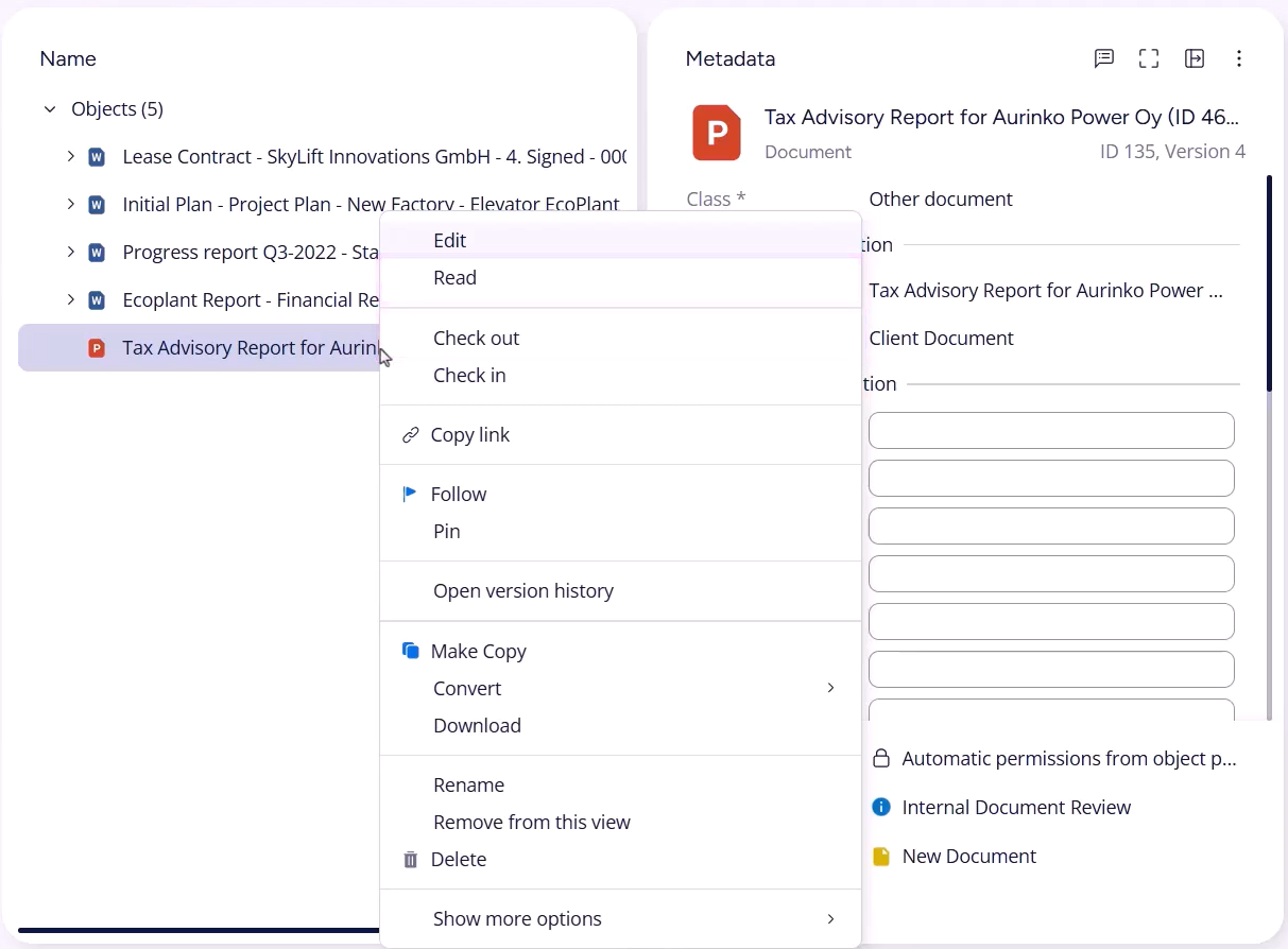All options for opening the document can be found in the context menu.